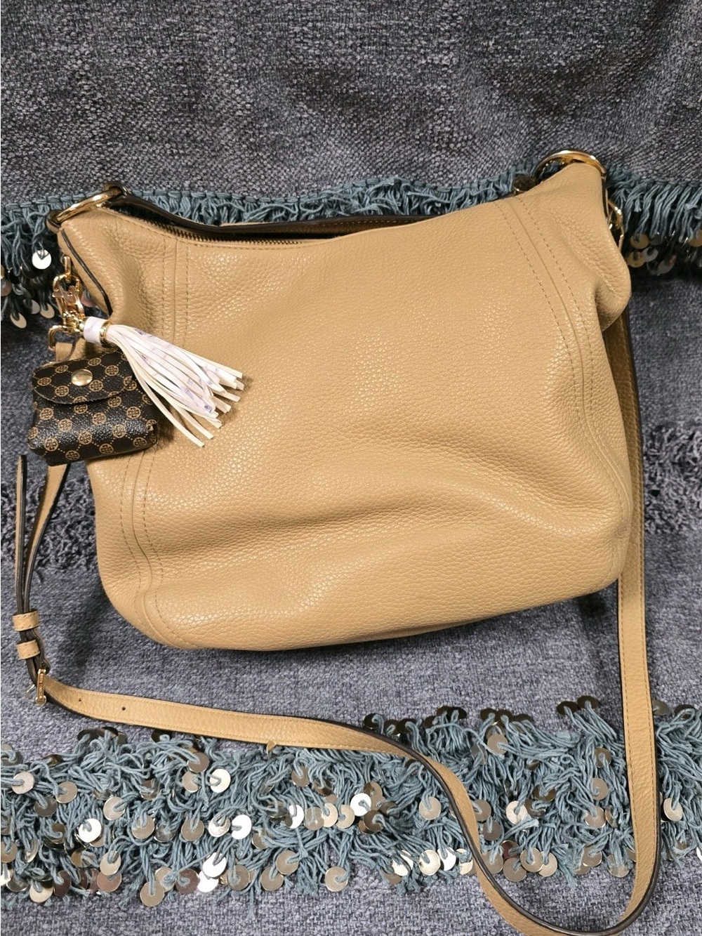 Michael Kors Beige Pebbled Leather Crossbody with Tassel Charm
